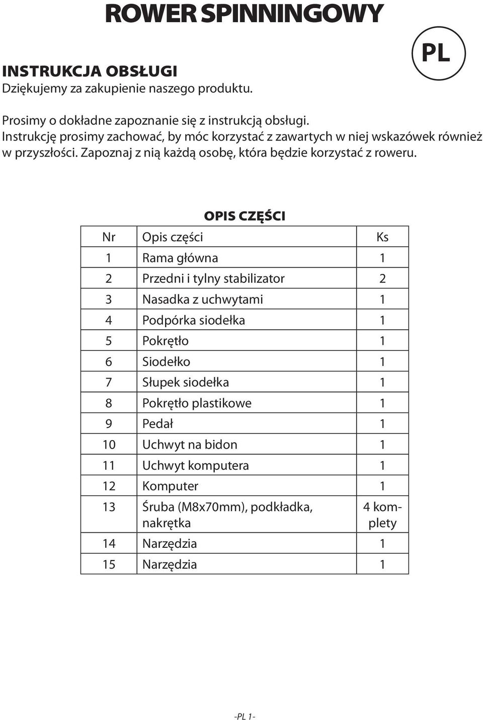 OPIS CZĘŚCI Nr Opis części Ks 1 Rama główna 1 2 Przedni i tylny stabilizator 2 3 Nasadka z uchwytami 1 4 Podpórka siodełka 1 5 Pokrętło 1 6 Siodełko 1 7 Słupek