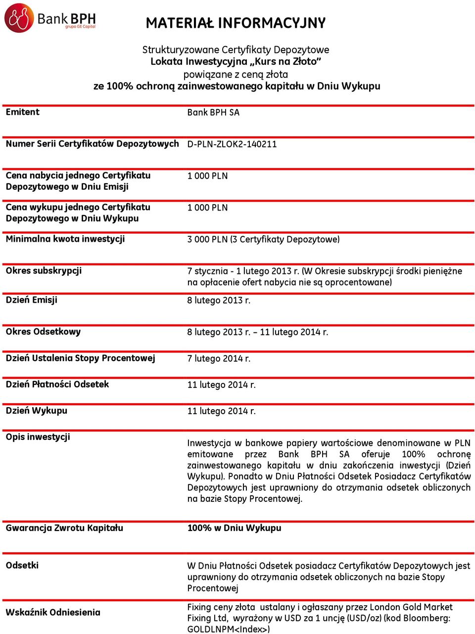 000 PLN 1 000 PLN 3 000 PLN (3 Certyfikaty Depozytowe) Okres subskrypcji Dzień Emisji 8 lutego 2013 r. 7 stycznia - 1 lutego 2013 r.