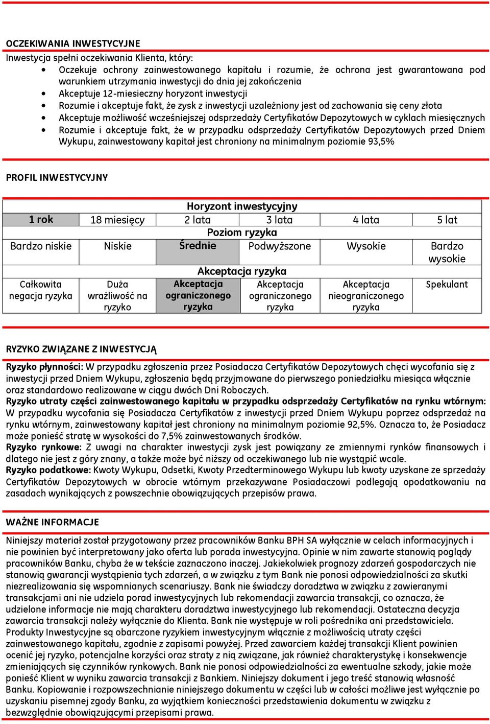 Certyfikatów Depozytowych w cyklach miesięcznych Rozumie i akceptuje fakt, że w przypadku odsprzedaży Certyfikatów Depozytowych przed Dniem Wykupu, zainwestowany kapitał jest chroniony na minimalnym