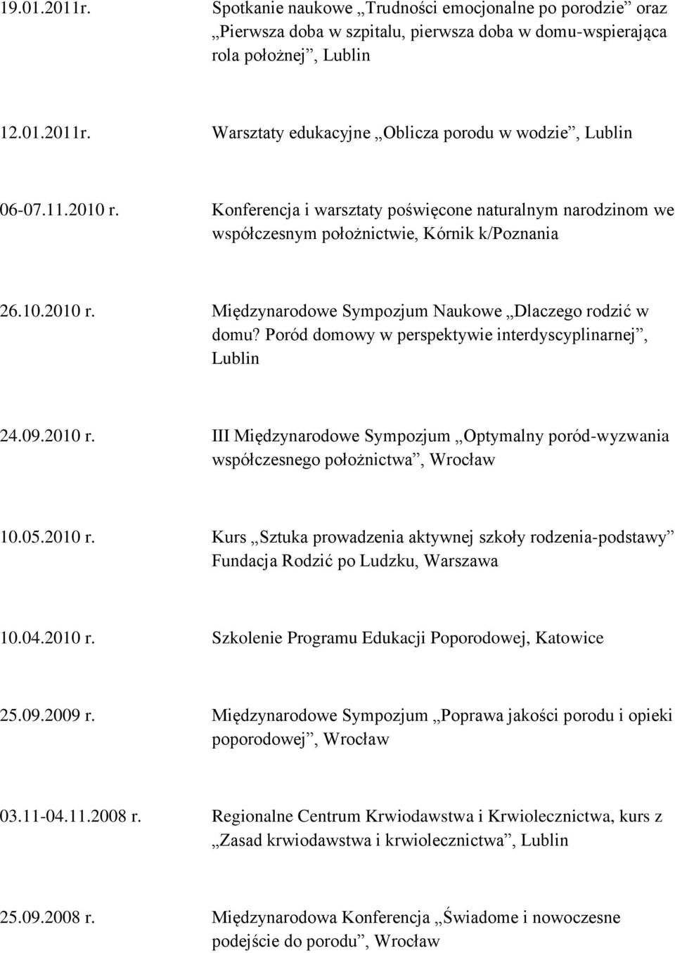 Poród domowy w perspektywie interdyscyplinarnej, Lublin 24.09.2010 r. III Międzynarodowe Sympozjum Optymalny poród-wyzwania współczesnego położnictwa, Wrocław 10.05.2010 r. Kurs Sztuka prowadzenia aktywnej szkoły rodzenia-podstawy Fundacja Rodzić po Ludzku, Warszawa 10.