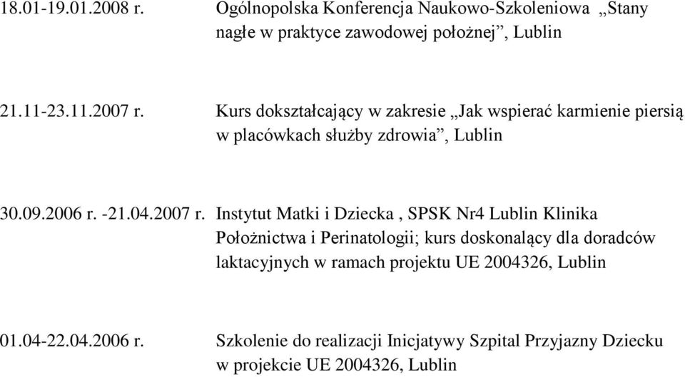 Instytut Matki i Dziecka, SPSK Nr4 Lublin Klinika Położnictwa i Perinatologii; kurs doskonalący dla doradców laktacyjnych w ramach