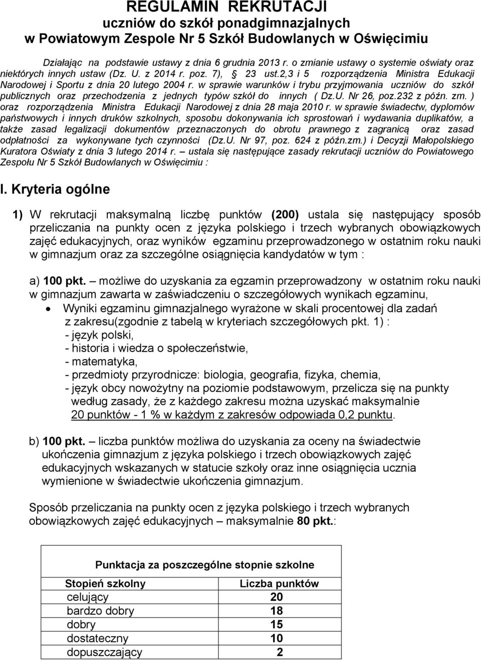 w sprawie warunków i trybu przyjmowania uczniów do szkół publicznych oraz przechodzenia z jednych typów szkół do innych ( Dz.U. Nr 26, poz.232 z późn. zm.