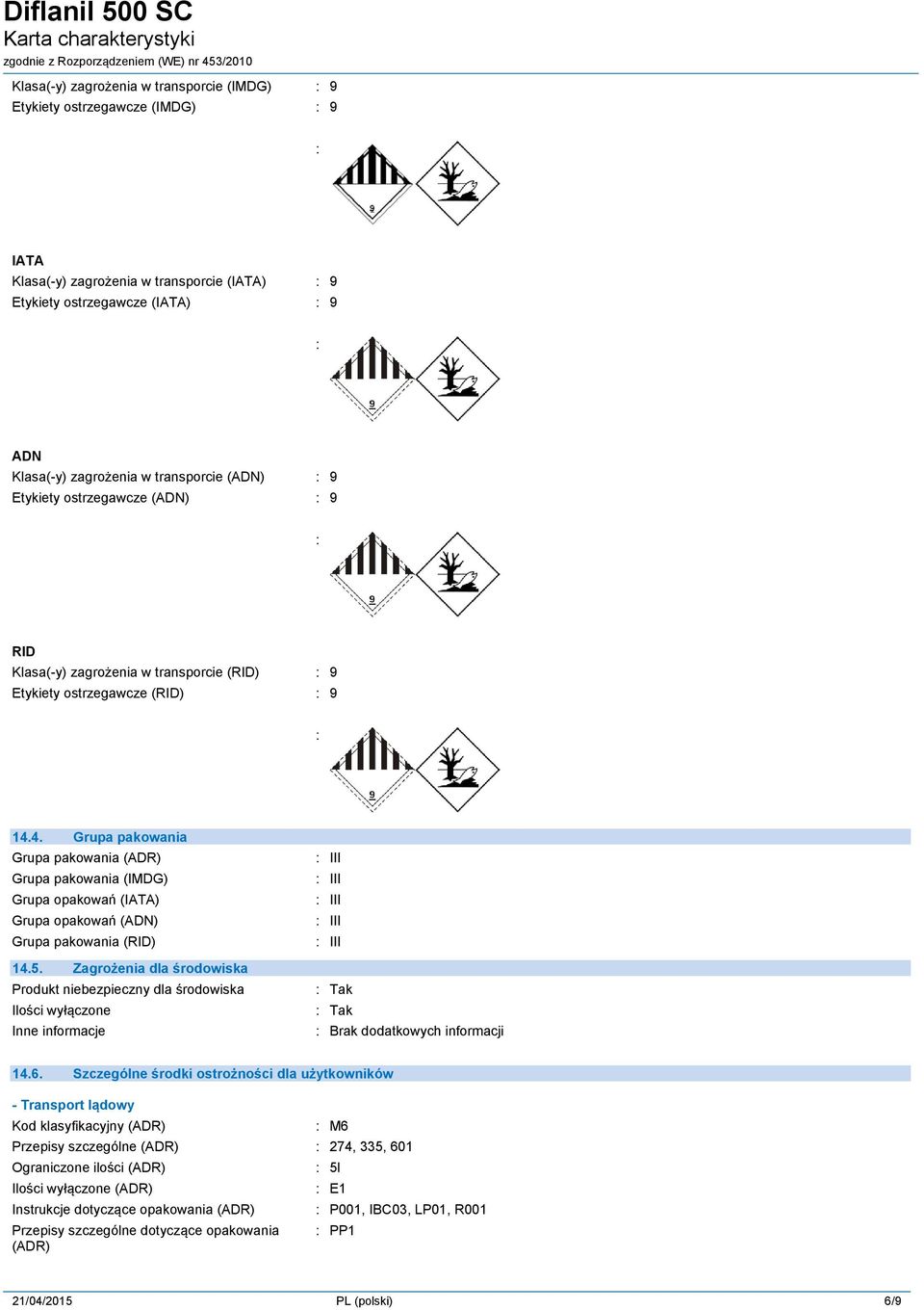 4. Grupa pakowania Grupa pakowania (ADR) Grupa pakowania (IMDG) Grupa opakowań (IATA) Grupa opakowań (ADN) Grupa pakowania (RID) 14.5.