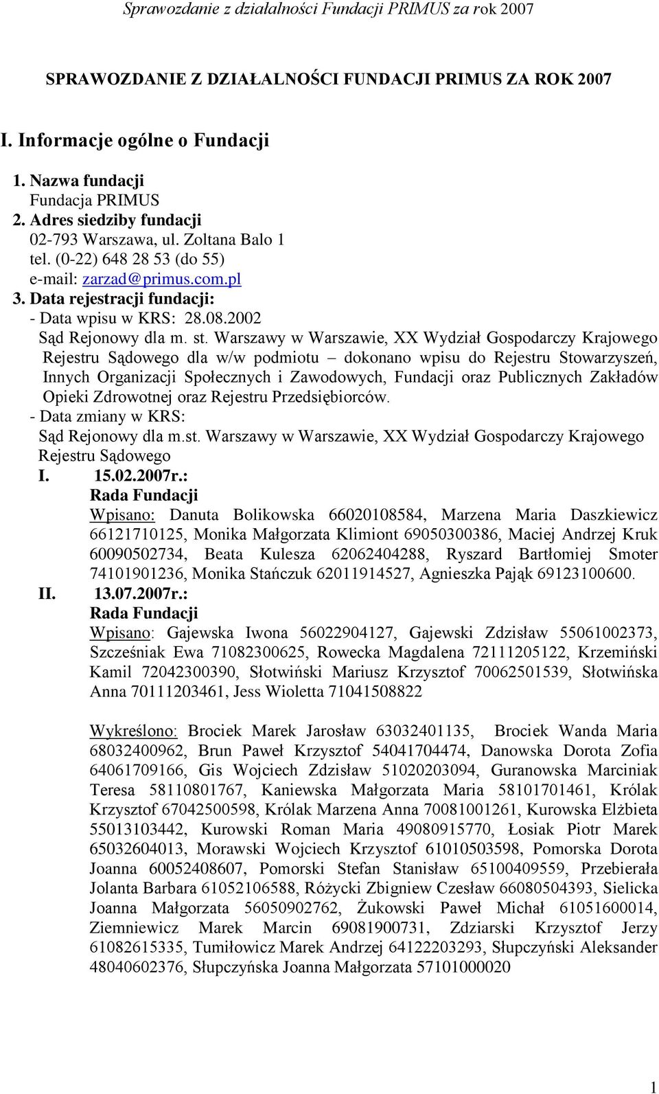 Warszawy w Warszawie, XX Wydział Gospodarczy Krajowego Rejestru Sądowego dla w/w podmiotu dokonano wpisu do Rejestru Stowarzyszeń, Innych Organizacji Społecznych i Zawodowych, Fundacji oraz