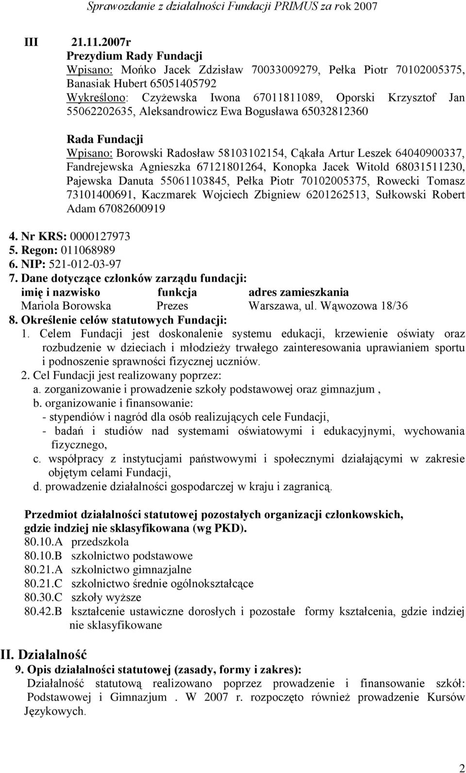 55062202635, Aleksandrowicz Ewa Bogusława 65032812360 Rada Fundacji Wpisano: Borowski Radosław 58103102154, Cąkała Artur Leszek 64040900337, Fandrejewska Agnieszka 67121801264, Konopka Jacek Witold
