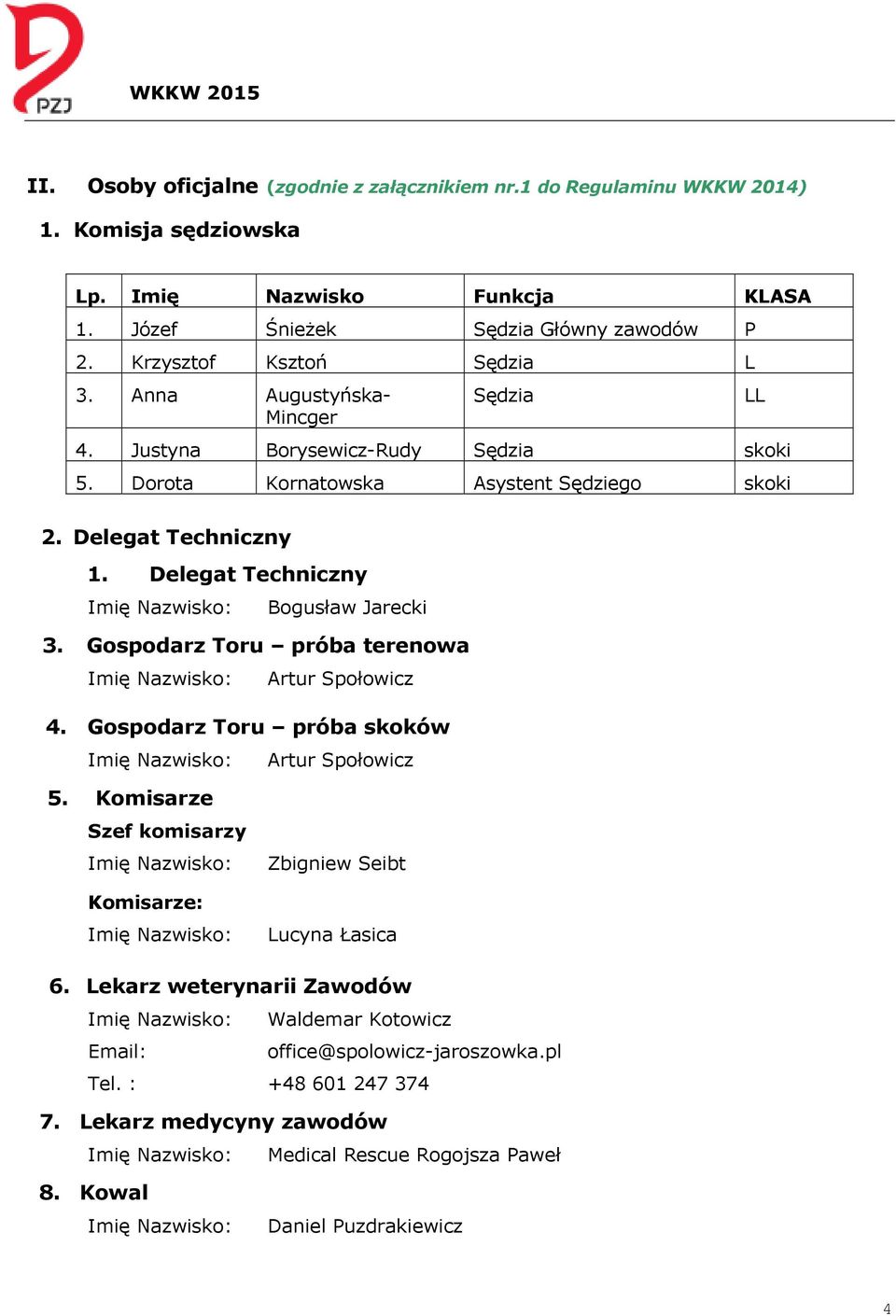 Delegat Techniczny Bogusław Jarecki 3. Gospodarz Toru próba terenowa Artur Społowicz 4. Gospodarz Toru próba skoków Artur Społowicz LL 5.
