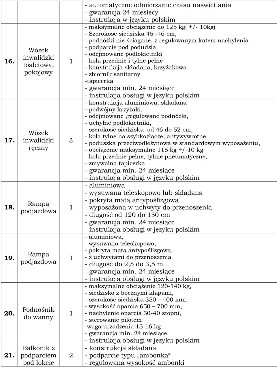 gwarancja 4 miesięcy - maksymalne obciąŝenie do kg( +/- 0kg) - Szerokość siedziska 4-46 cm, - podnóŝki nie ściągane, z regulowanym kątem nachylenia - podparcie pod podudzia - odejmowane podłokietniki