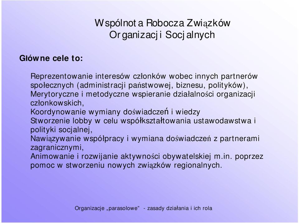 wymiany doświadczeń i wiedzy Stworzenie lobby w celu współkształtowania ustawodawstwa i polityki socjalnej, Nawiązywanie współpracy i wymiana