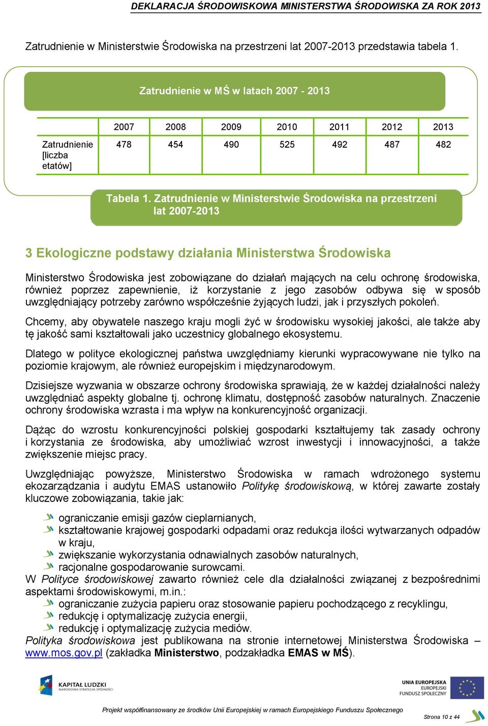 Zatrudnienie w Ministerstwie Środowiska na przestrzeni lat 2007-2013 3 Ekologiczne podstawy działania Ministerstwa Środowiska Ministerstwo Środowiska jest zobowiązane do działań mających na celu
