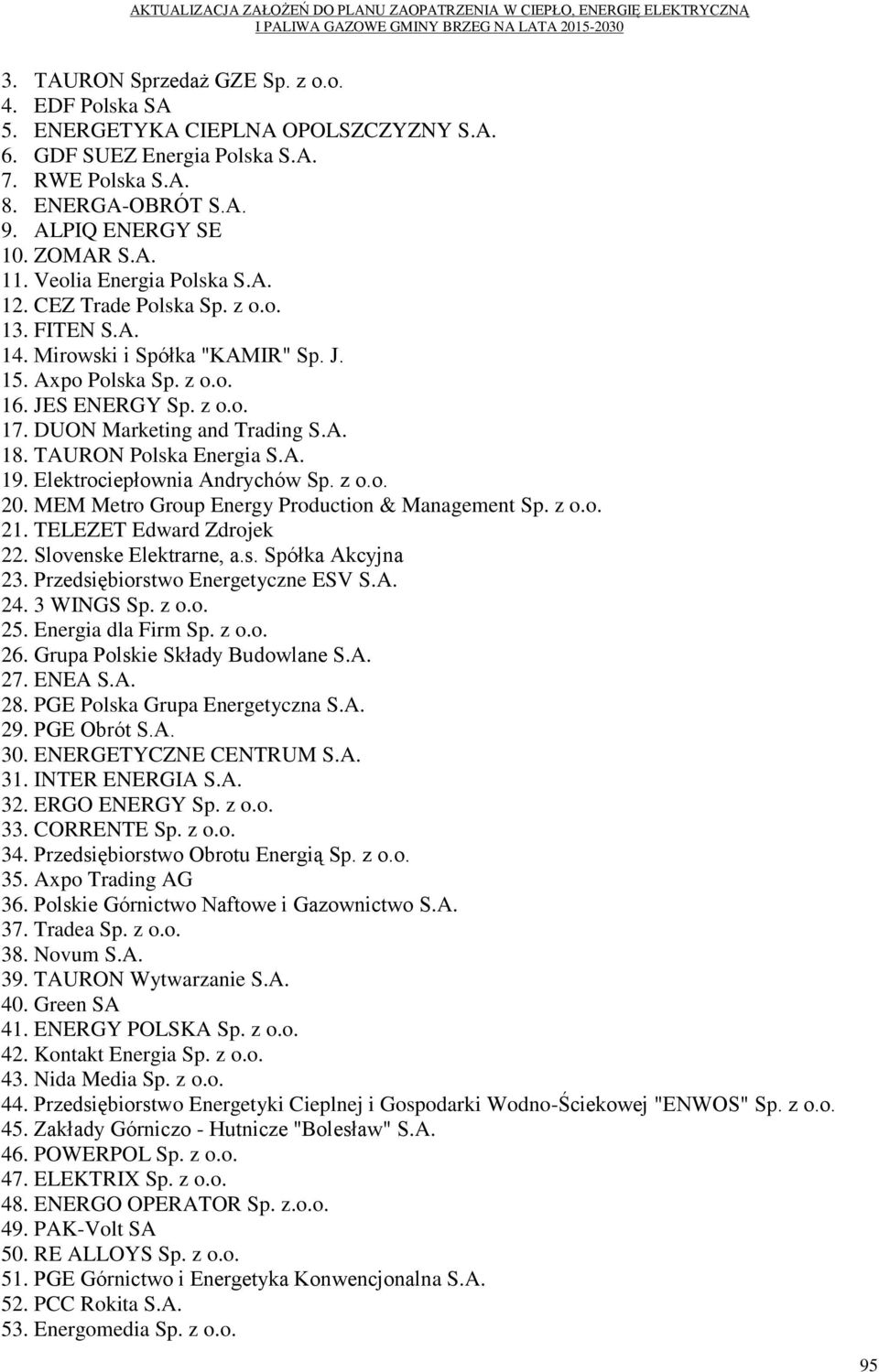 TAURON Polska Energia S.A. 19. Elektrociepłownia Andrychów Sp. z o.o. 20. MEM Metro Group Energy Production & Management Sp. z o.o. 21. TELEZET Edward Zdrojek 22. Slovenske Elektrarne, a.s. Spółka Akcyjna 23.