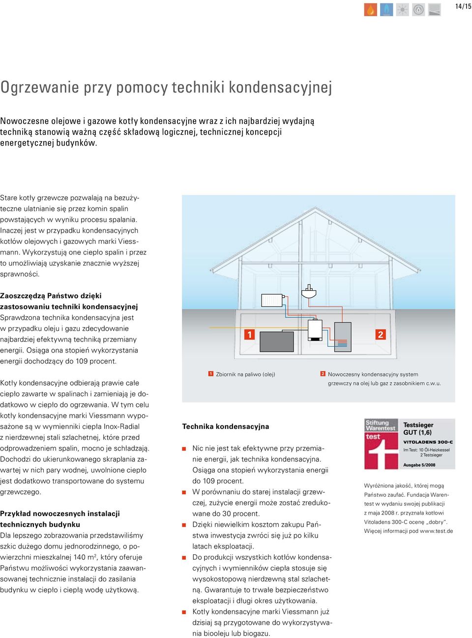 Inaczej jest w przypadku kondensacyjnych kotłów olejowych i gazowych marki Viessmann. Wykorzystują one ciepło spalin i przez to umożliwiają uzyskanie znacznie wyższej sprawności.