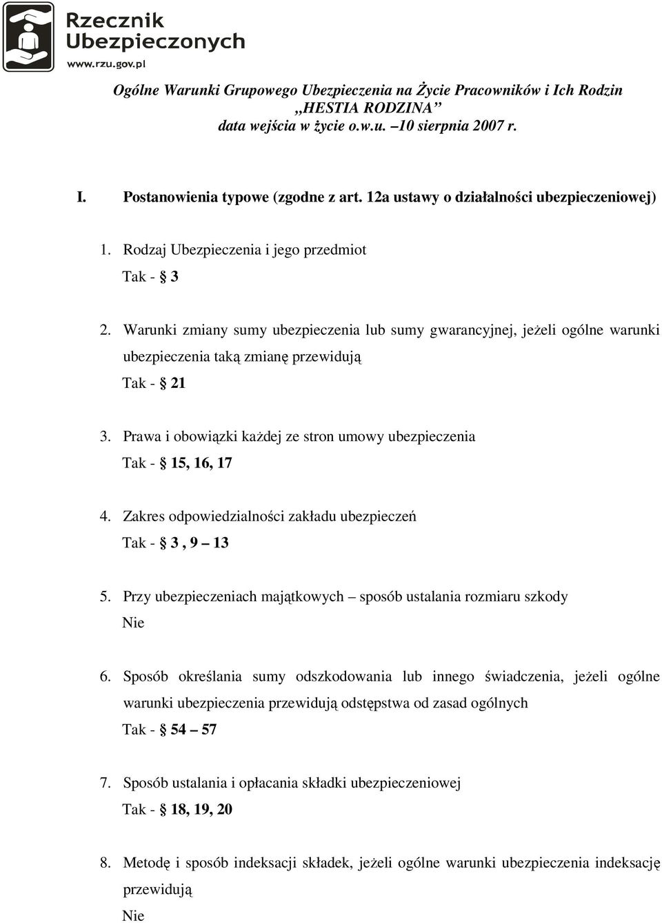 Warunki zmiany sumy ubezpieczenia lub sumy gwarancyjnej, jeżeli ogólne warunki ubezpieczenia taką zmianę przewidują Tak - 21 3.