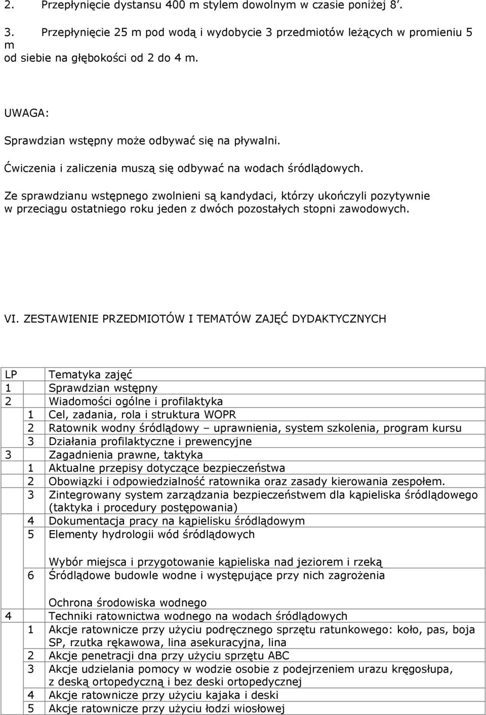 Ze sprawdzianu wstępnego zwolnieni są kandydaci, którzy ukończyli pozytywnie w przeciągu ostatniego roku jeden z dwóch pozostałych stopni zawodowych. VI.