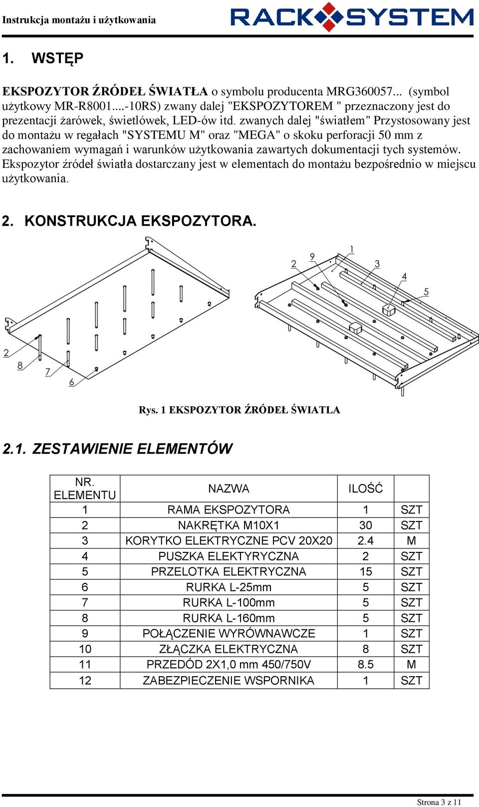 Ekspozytor źródeł światła dostarczany jest w elementach do montażu bezpośrednio w miejscu użytkowania. 2. KONSTRUKCJA EKSPOZYTORA. Rys. 1 EKSPOZYTOR ŹRÓDEŁ ŚWIATLA 2.1. ZESTAWIENIE ELEMENTÓW NR.