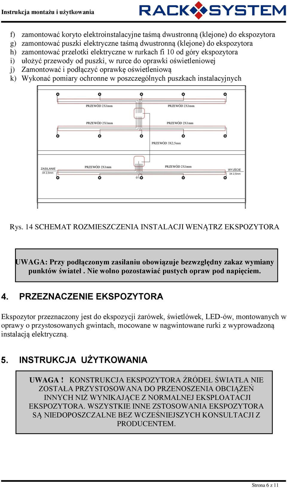 instalacyjnych PRZEWÓD 3X2,5mm Rys. 14 SCHEMAT ROZMIESZCZENIA INSTALACJI WENĄTRZ EKSPOZYTORA UWAGA: Przy podłączonym zasilaniu obowiązuje bezwzględny zakaz wymiany punktów świateł.