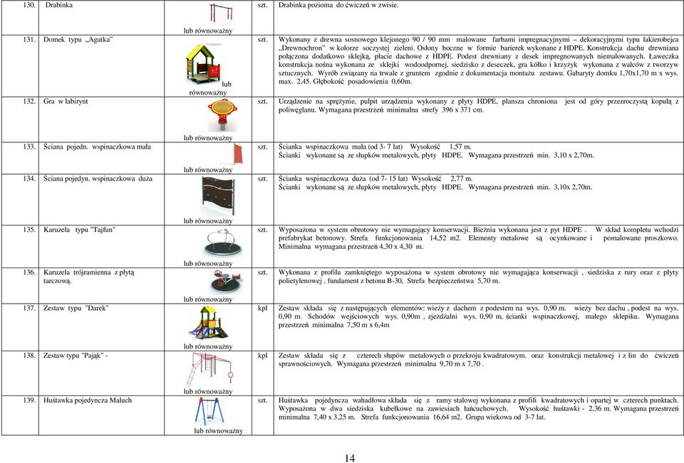 Osłony boczne w formie barierek wykonane z HDPE. Konstrukcja dachu drewniana połączona dodatkowo sklejką, płacie dachowe z HDPE. Podest drewniany z desek impregnowanych niemalowanych.