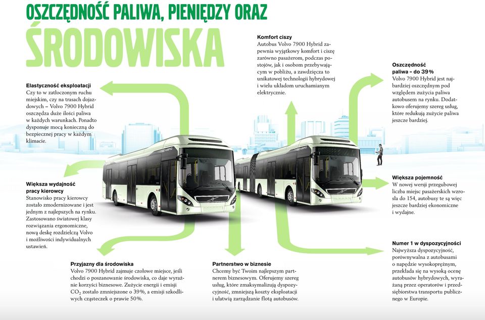 Komfort ciszy Autobus Volvo 7900 Hybrid zapewnia wyjątkowy komfort i ciszę zarówno pasażerom, podczas postojów, jak i osobom przebywającym w pobliżu, a zawdzięcza to unikatowej technologii hybrydowej
