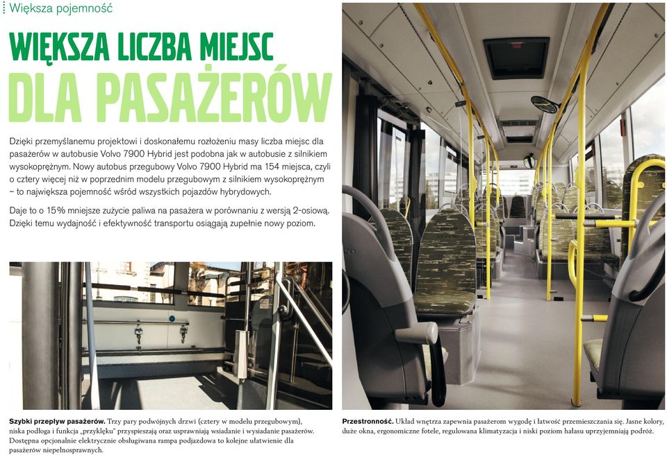 Nowy autobus przegubowy Volvo 7900 Hybrid ma 154 miejsca, czyli o cztery więcej niż w poprzednim modelu przegubowym z silnikiem wysokoprężnym to największa pojemność wśród wszystkich pojazdów
