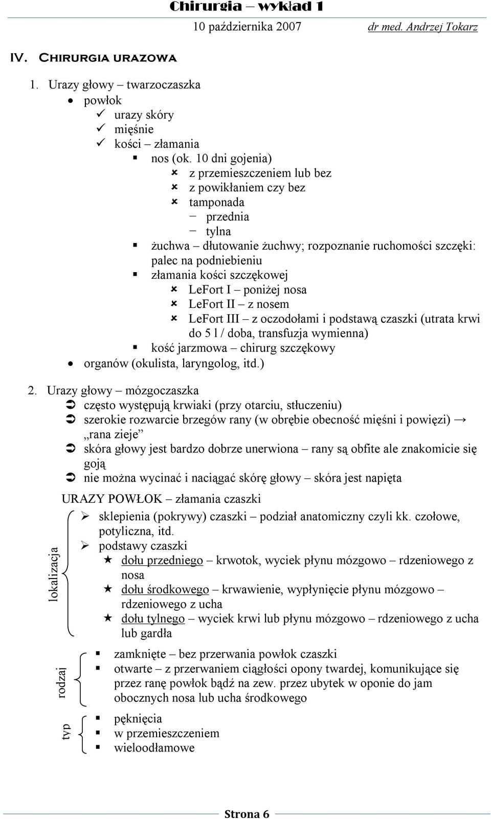 LeFort I poniżej nosa LeFort II z nosem LeFort III z oczodołami i podstawą czaszki (utrata krwi do 5 l / doba, transfuzja wymienna) kość jarzmowa chirurg szczękowy organów (okulista, laryngolog, itd.