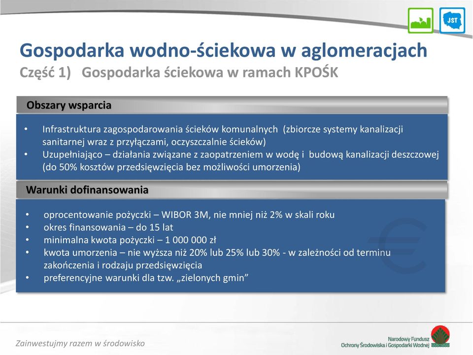 przedsięwzięcia bez możliwości umorzenia) Warunki dofinansowania oprocentowanie pożyczki WIBOR 3M, nie mniej niż 2% w skali roku okres finansowania do 15 lat minimalna kwota