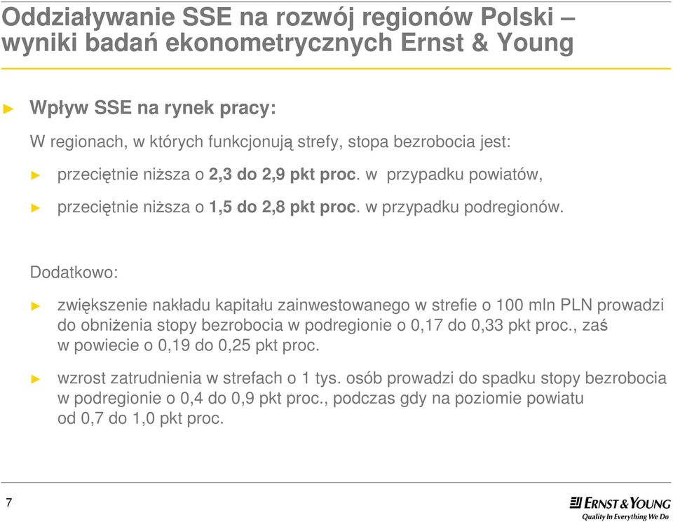 Dodatkowo: zwiększenie nakładu kapitału zainwestowanego w strefie o 100 mln PLN prowadzi do obniżenia stopy bezrobocia w podregionie o 0,17 do 0,33 pkt proc.