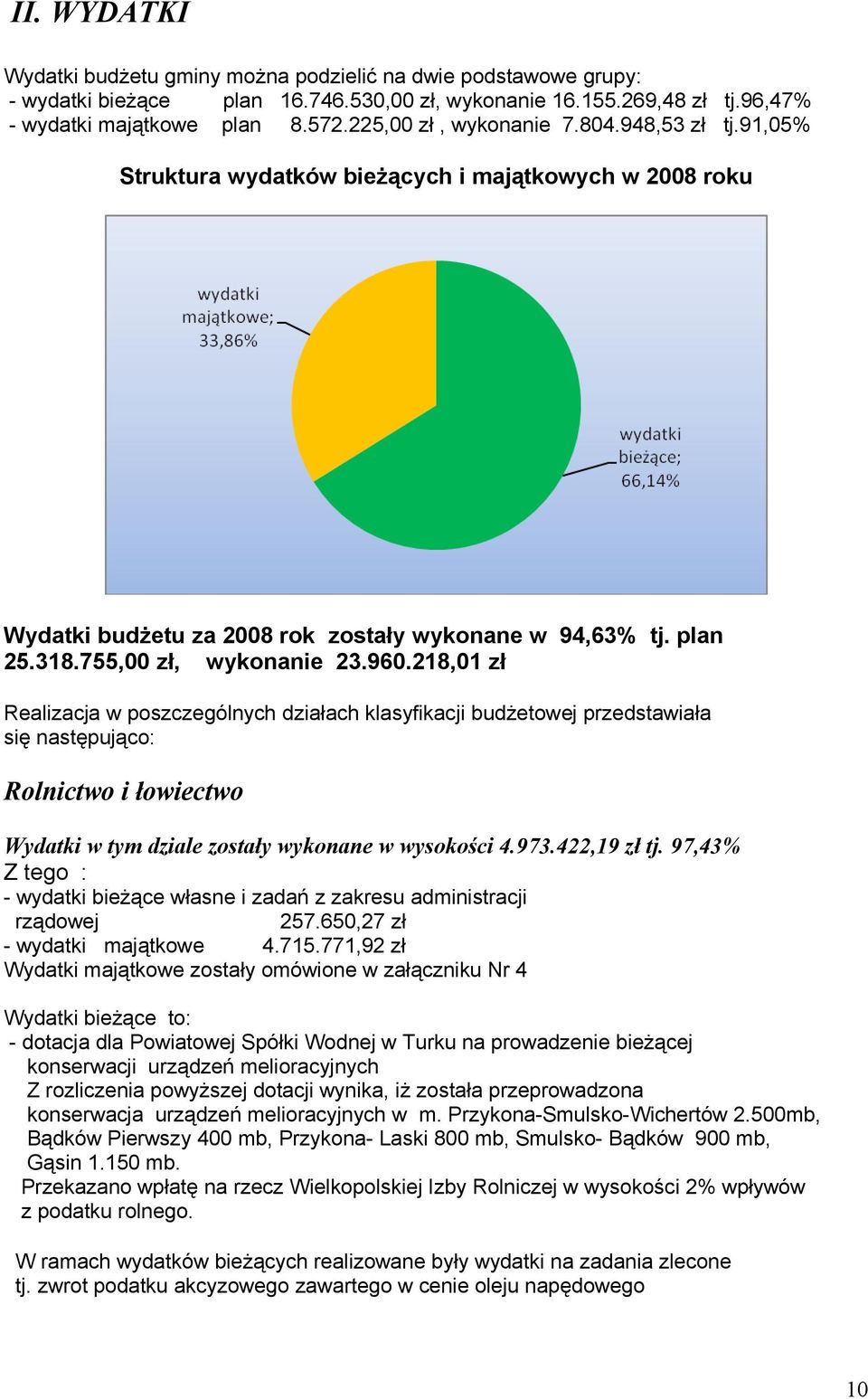 218,01 zł Realizacja w poszczególnych działach klasyfikacji budżetowej przedstawiała się następująco: Rolnictwo i łowiectwo Wydatki w tym dziale zostały wykonane w wysokości 4.973.422,19 zł tj.