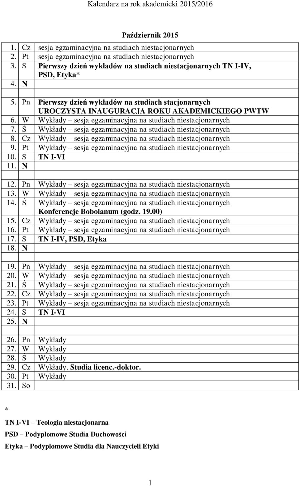 W Wykłady sesja egzaminacyjna na studiach niestacjonarnych 7. Ś Wykłady sesja egzaminacyjna na studiach niestacjonarnych 8. Cz Wykłady sesja egzaminacyjna na studiach niestacjonarnych 9.