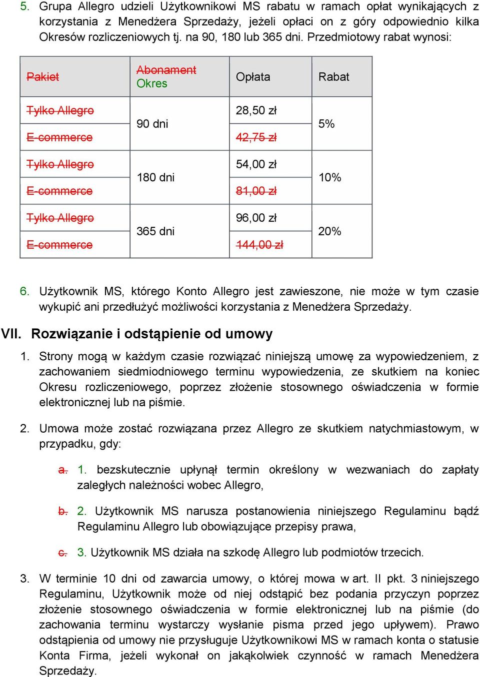 Użytkownik MS, którego Konto Allegro jest zawieszone, nie może w tym czasie wykupić ani przedłużyć możliwości korzystania z Menedżera Sprzedaży. VII. Rozwiązanie i odstąpienie od umowy 1.