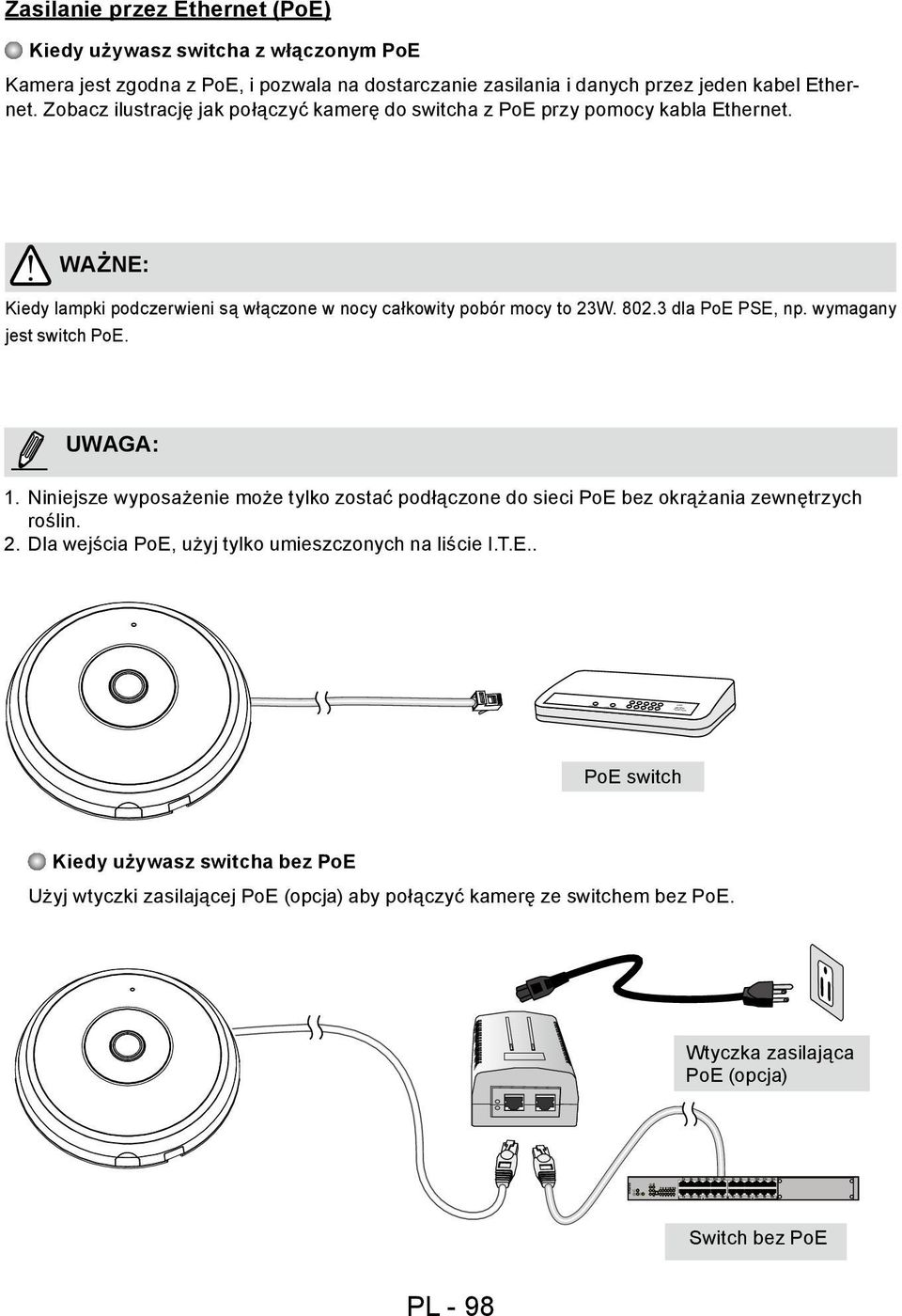 802.3 dla PoE PSE, np. wymagany jest switch PoE. UWAGA: 1. Niniejsze wyposażenie może tylko zostać podłączone do sieci PoE bez okrążania zewnętrzych roślin. 2.