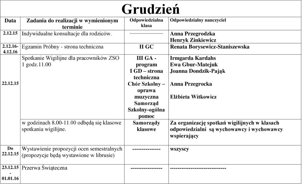 11.00 w godzinach 8.00-11.00 odbędą się klasowe spotkania wigilijne.