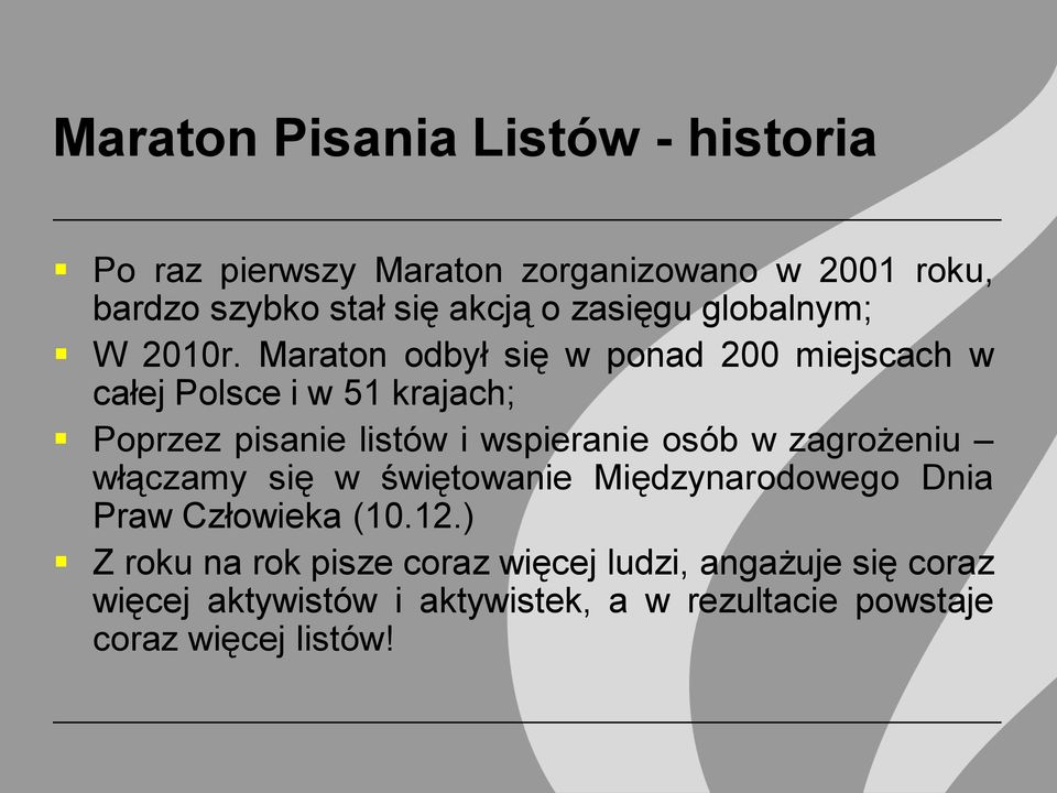Maraton odbył się w ponad 200 miejscach w całej Polsce i w 51 krajach; Poprzez pisanie listów i wspieranie osób w