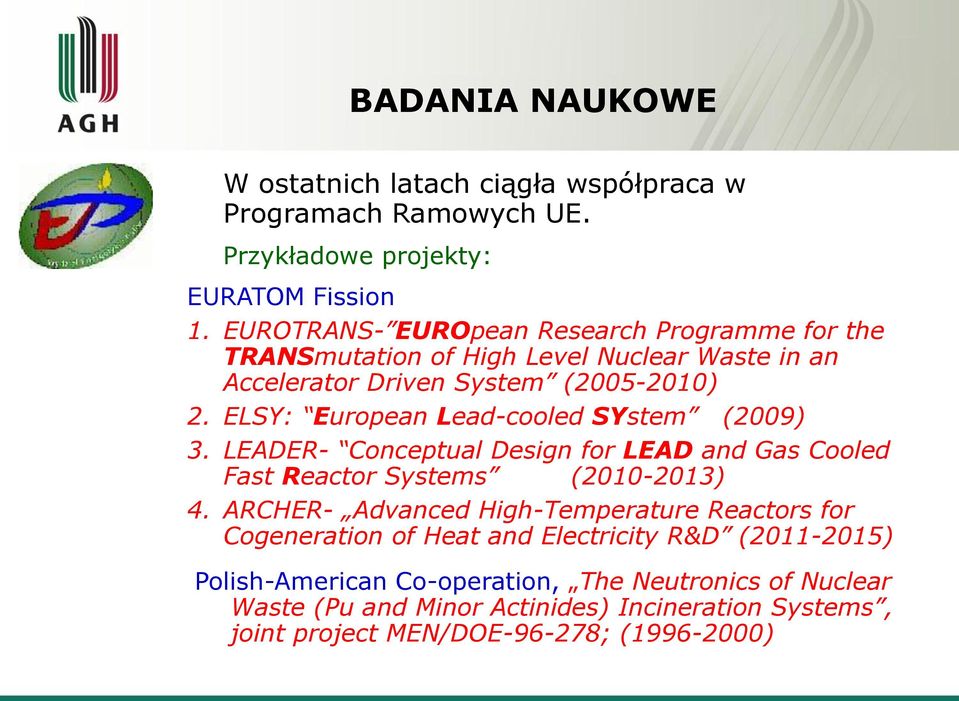 ELSY: European Lead-cooled SYstem (2009) 3. LEADER- Conceptual Design for LEAD and Gas Cooled Fast Reactor Systems (2010-2013) 4.
