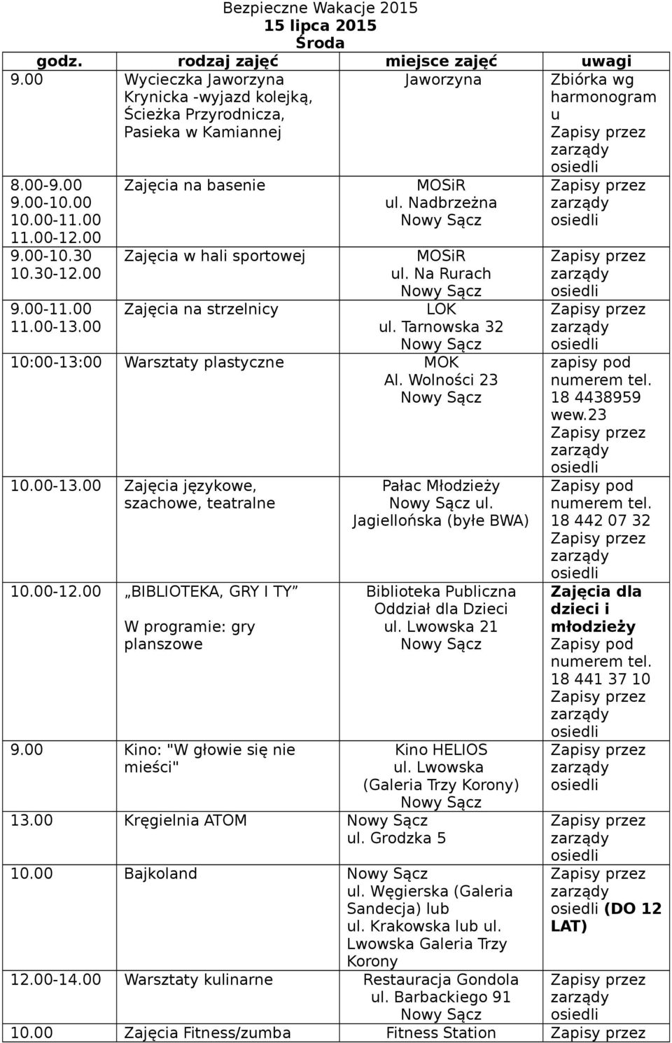 Biblioteka Publiczna Oddział dla Dzieci ul. Lwowska 21 Kino HELIOS ul. Lwowska (Galeria Trzy Korony) Kręgielnia ATOM ul. Grodzka 5 10.00 Bajkoland ul. Węgierska (Galeria Sandecja) lub ul.