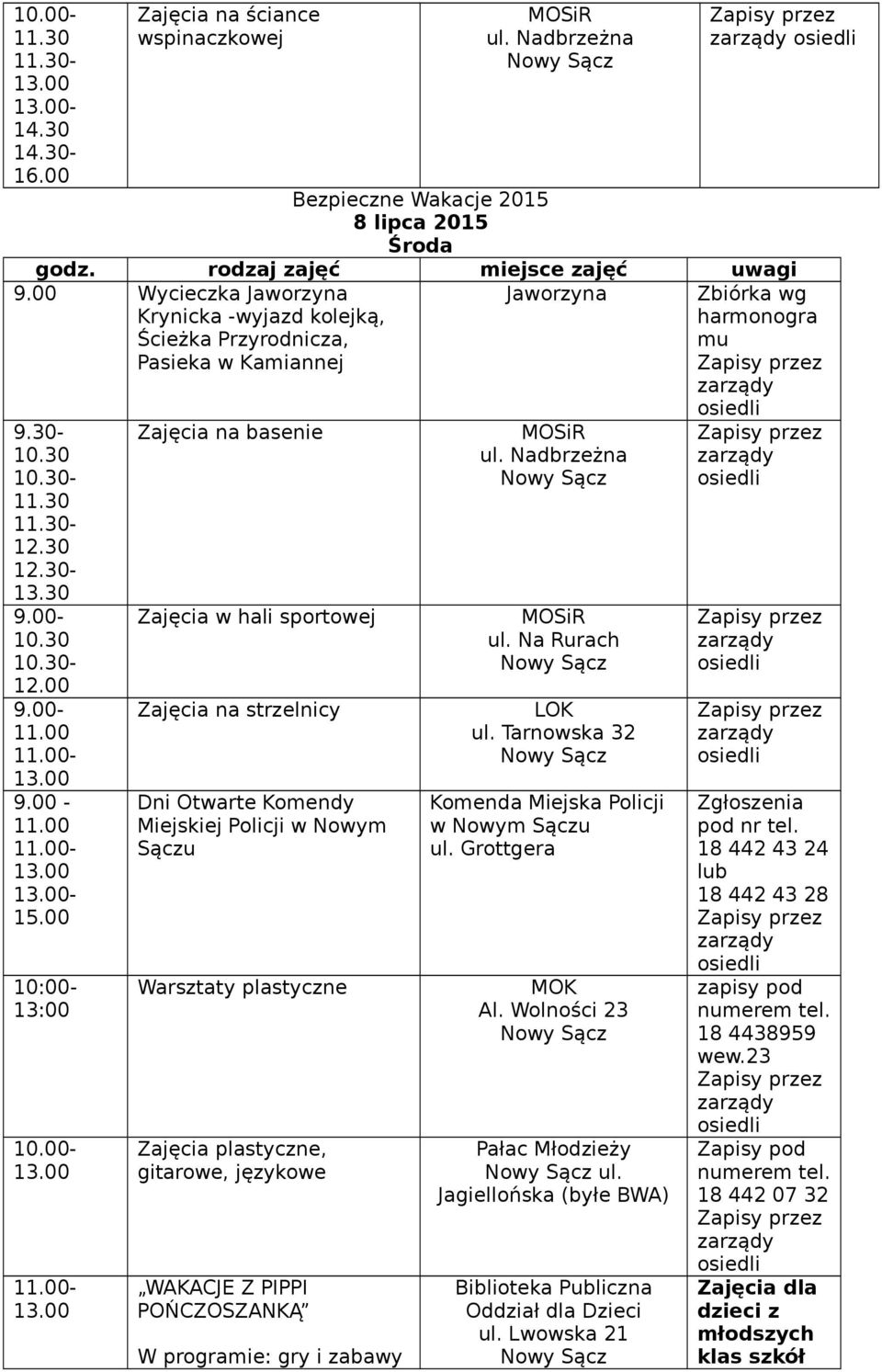 00 10:00-13:00 Zajęcia na strzelnicy Dni Otwarte Komendy Miejskiej Policji w Nowym Sączu Warsztaty plastyczne Zajęcia plastyczne, gitarowe, językowe WAKACJE Z PIPPI