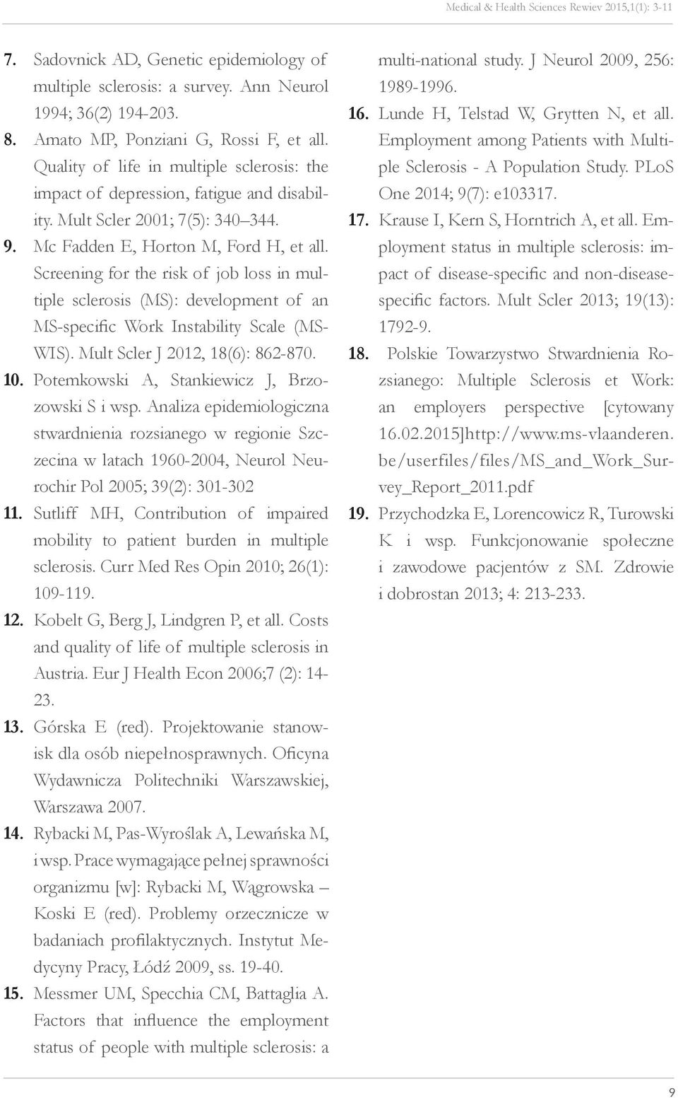Screening for the risk of job loss in multiple sclerosis (MS): development of an MS-specific Work Instability Scale (MS- WIS). Mult Scler J 2012, 18(6): 862-870. 10.