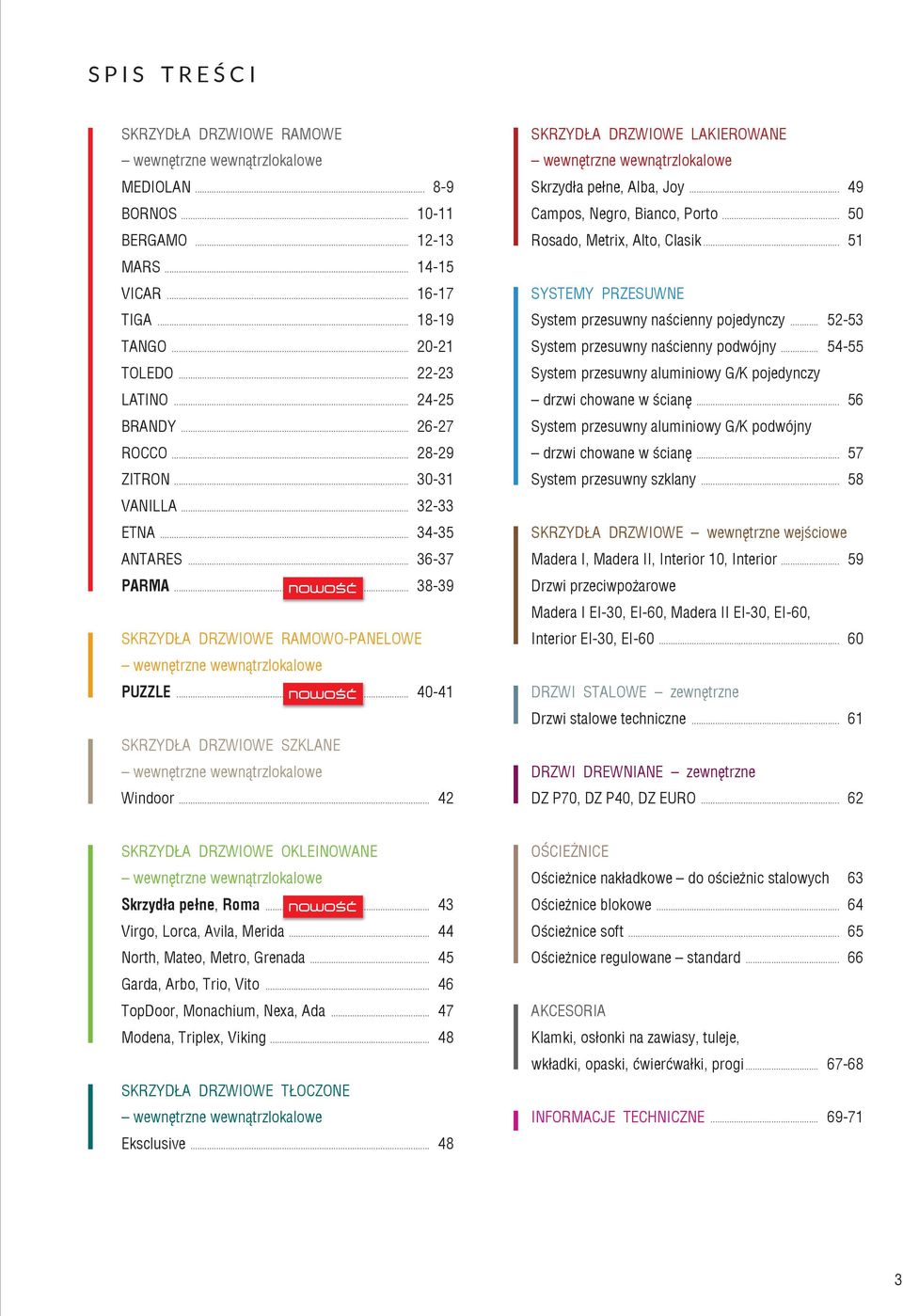 .... 40-41 SKRZYDŁA DRZWIOWE SZKLANE wewnętrzne wewnątrzloklowe Windoor... 42 SKRZYDŁA DRZWIOWE LAKIEROWANE wewnętrzne wewnątrzloklowe Skrzydł pełne, Alb, Joy... 49 Cmpos, Negro, Binco, Porto.