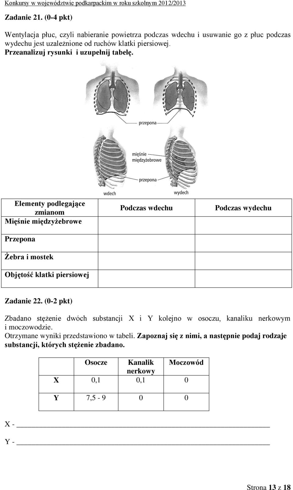 Elementy podlegające zmianom Mięśnie międzyżebrowe Przepona Żebra i mostek Objętość klatki piersiowej Podczas wdechu Podczas wydechu Zadanie 22.