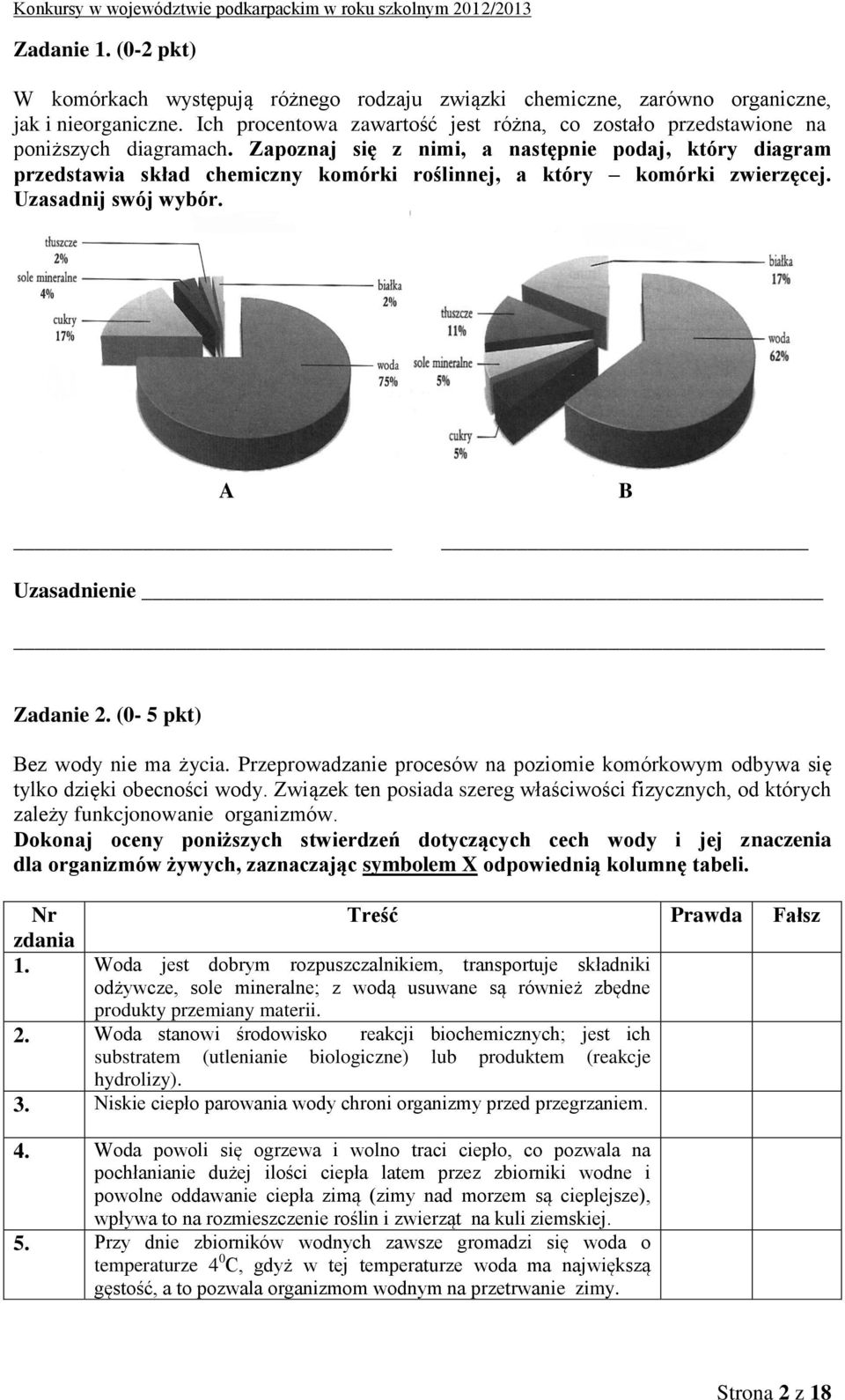 Zapoznaj się z nimi, a następnie podaj, który diagram przedstawia skład chemiczny komórki roślinnej, a który komórki zwierzęcej. Uzasadnij swój wybór. A B Uzasadnienie Zadanie 2.