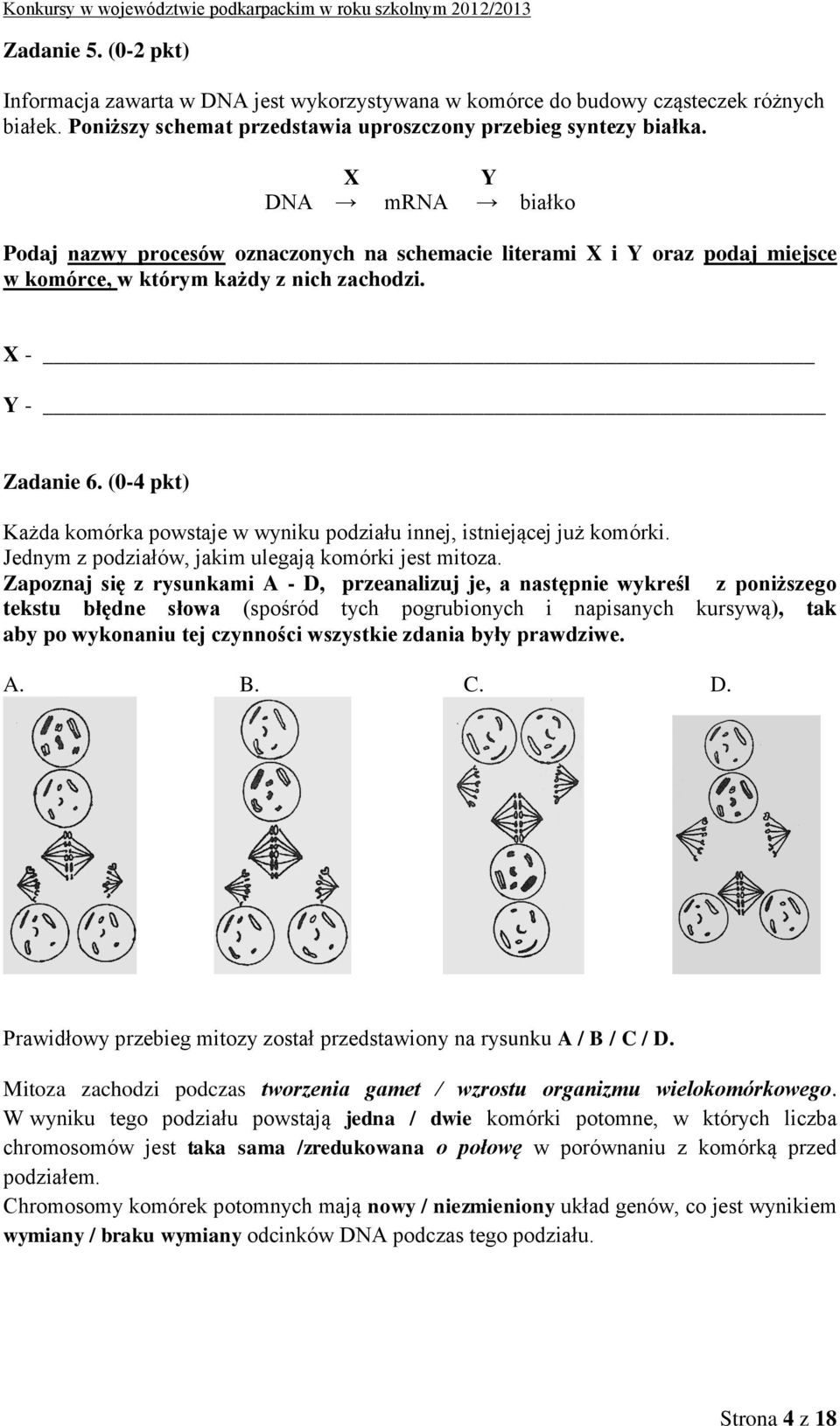 (0-4 pkt) Każda komórka powstaje w wyniku podziału innej, istniejącej już komórki. Jednym z podziałów, jakim ulegają komórki jest mitoza.