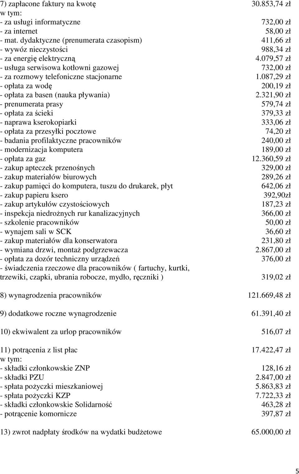 087,29 zł - opłata za wodę 200,19 zł - opłata za basen (nauka pływania) 2.