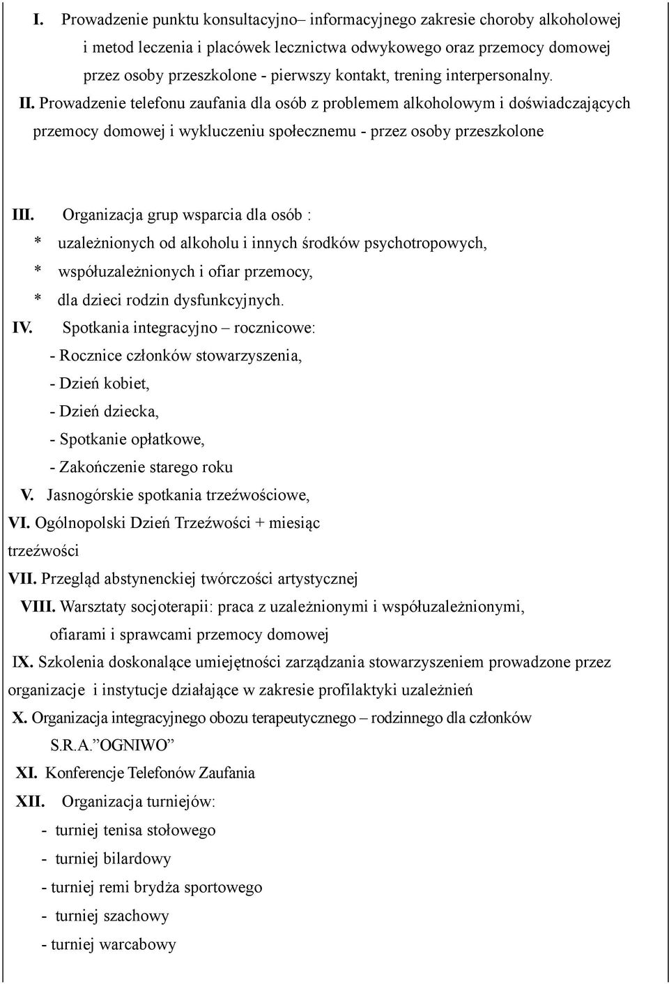Organizacja grup wsparcia dla osób : * uzależnionych od alkoholu i innych środków psychotropowych, * współuzależnionych i ofiar przemocy, * dla dzieci rodzin dysfunkcyjnych. IV.