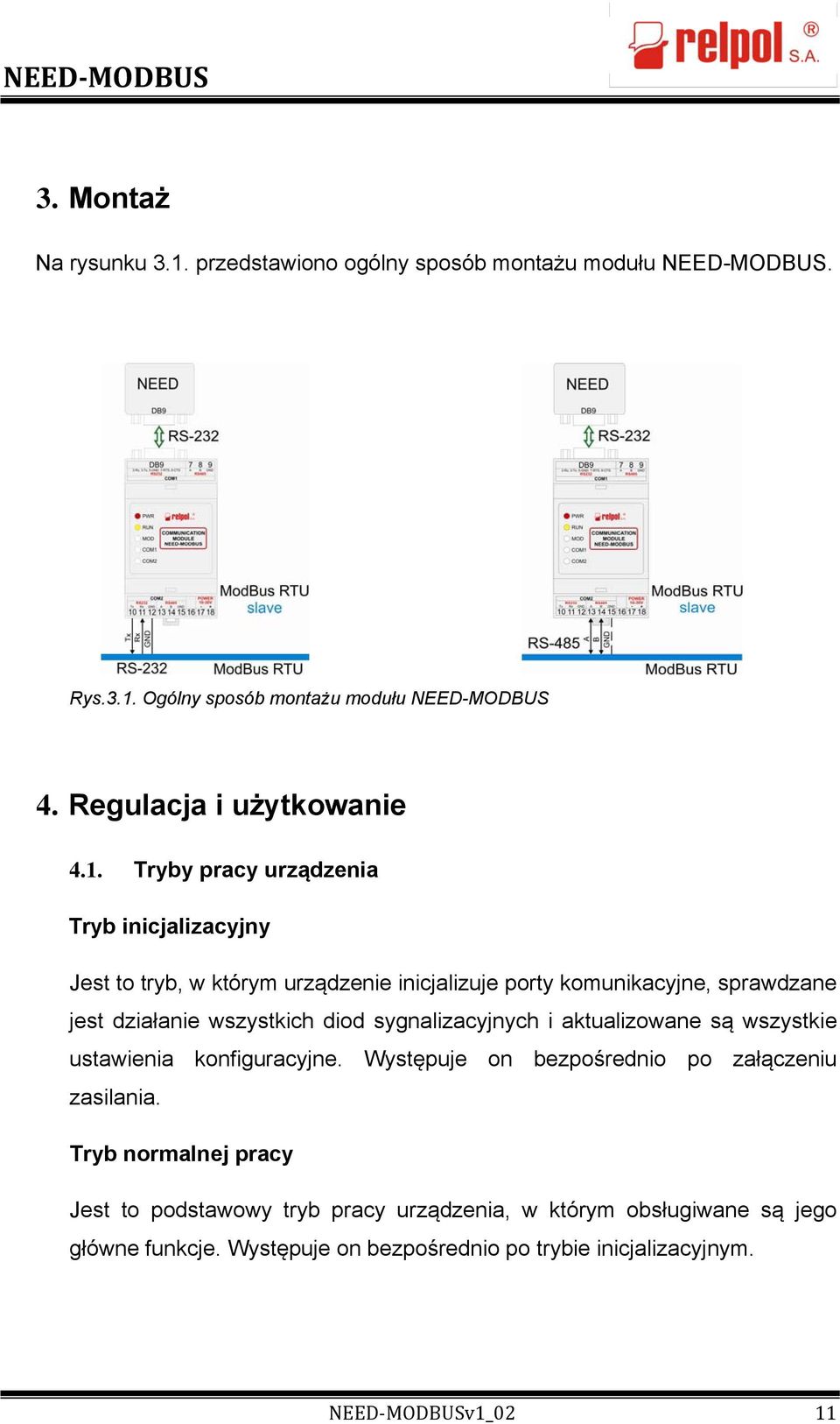 Tryby pracy urządzenia Tryb inicjalizacyjny Jest to tryb, w którym urządzenie inicjalizuje porty komunikacyjne, sprawdzane jest działanie wszystkich diod