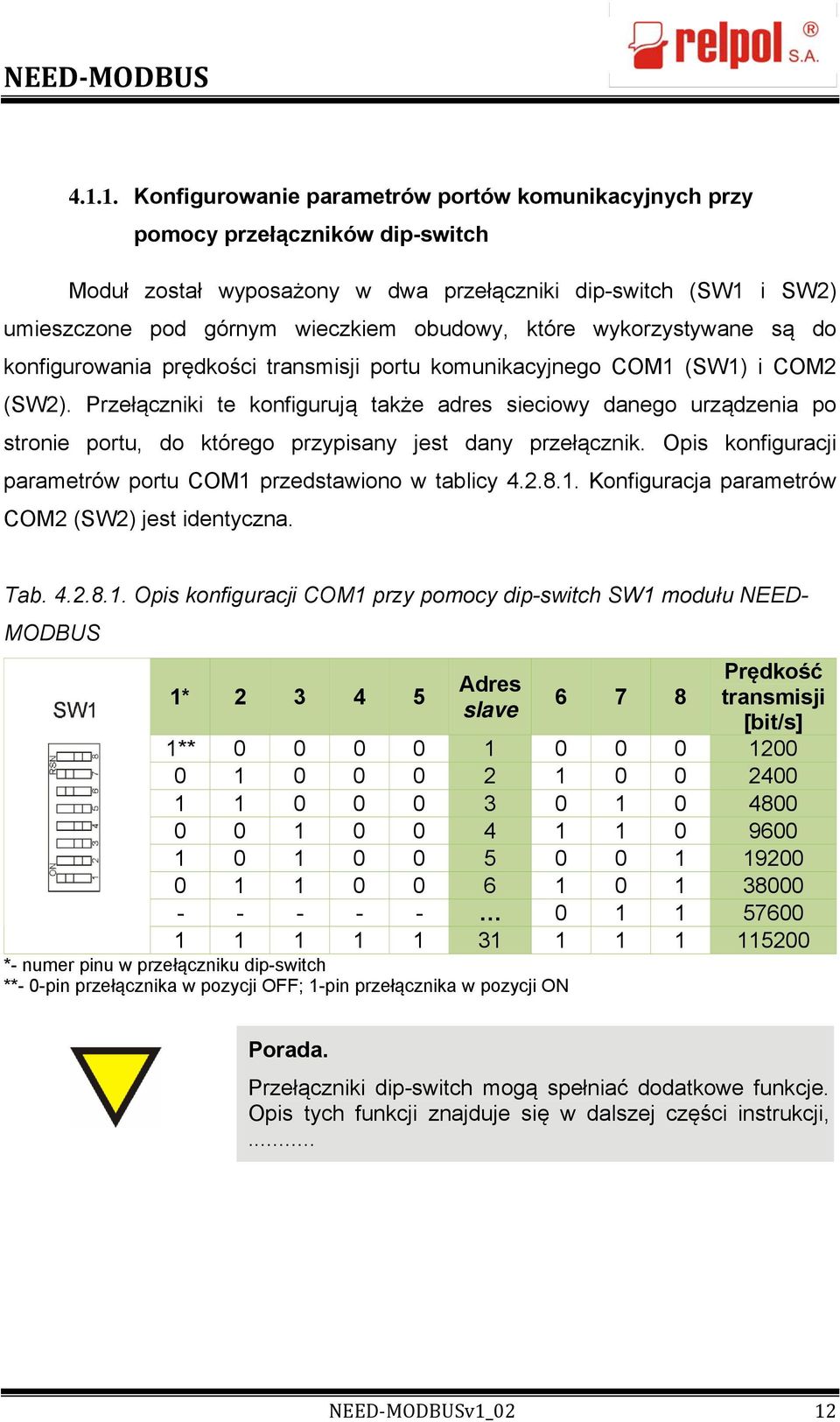 Przełączniki te konfigurują także adres sieciowy danego urządzenia po stronie portu, do którego przypisany jest dany przełącznik. Opis konfiguracji parametrów portu COM1 przedstawiono w tablicy 4.2.8.