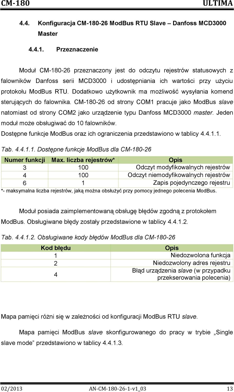 Przeznaczenie Moduł CM-180-26 przeznaczony jest do odczytu rejestrów statusowych z falowników Danfoss serii MCD3000 i udostępniania ich wartości przy użyciu protokołu ModBus RTU.