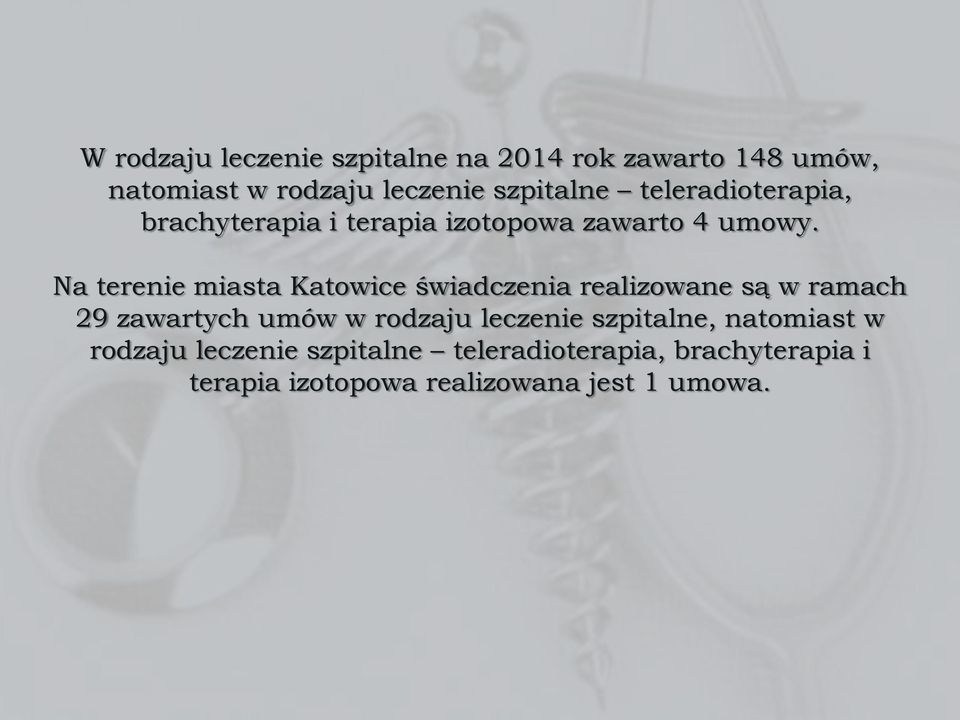 Na terenie miasta Katowice świadczenia realizowane są w ramach 29 zawartych umów w rodzaju