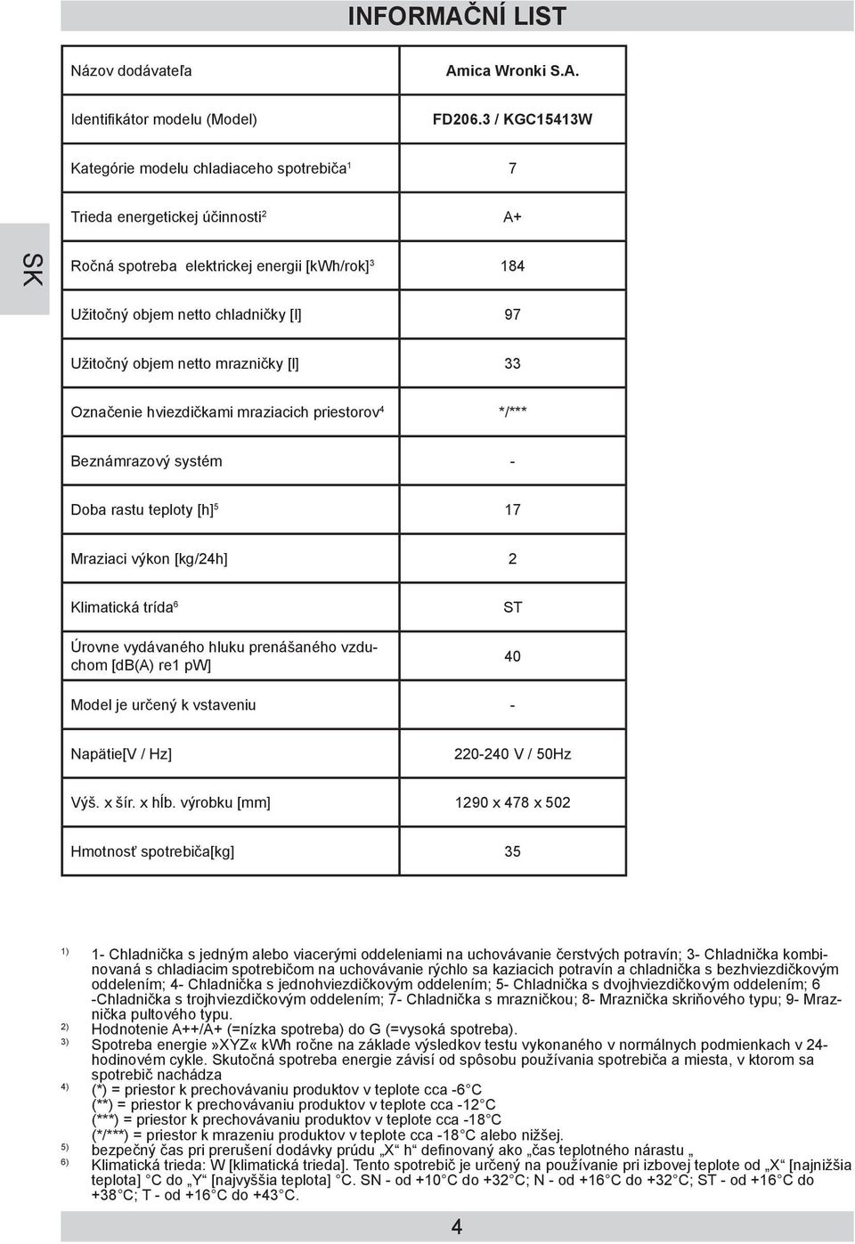 [kg/24h] 2 Klimatická trída 6 Úrovne vydávaného hluku prenášaného vzduchom [db(a) re1 pw] 40 Model je určený k vstaveniu - Napätie[V / Hz] Výš. x šír. x hĺb.