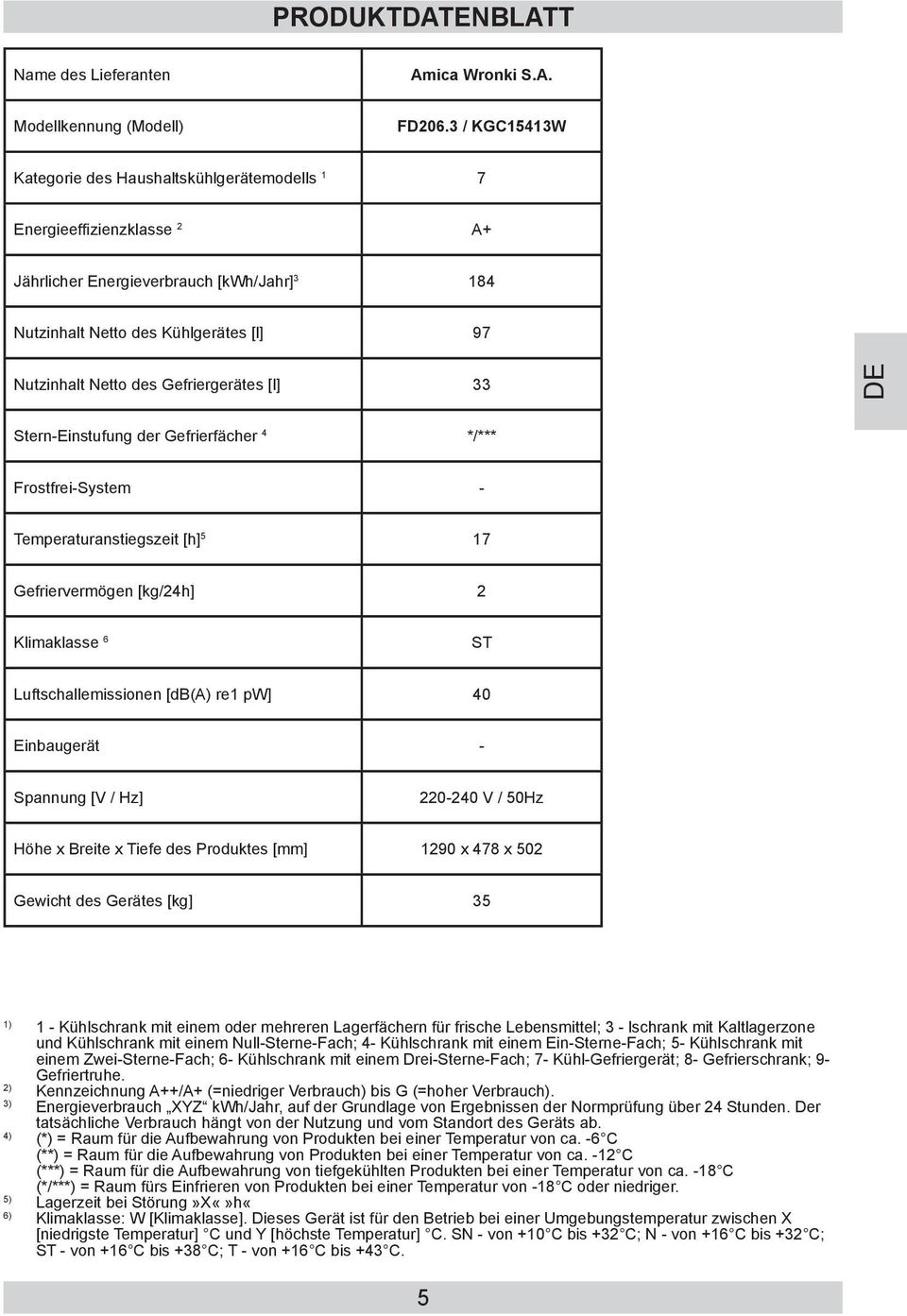 Klimaklasse 6 Luftschallemissionen [db(a) re1 pw] 40 Einbaugerät - Spannung [V / Hz] Höhe x Breite x Tiefe des Produktes [mm] 1290 x 478 x 502 Gewicht des Gerätes [kg] 35 1 - Kühlschrank mit einem