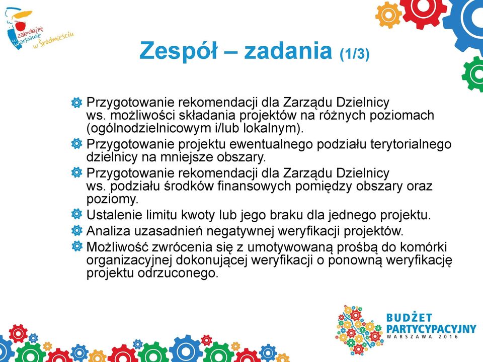 Przygotowanie projektu ewentualnego podziału terytorialnego dzielnicy na mniejsze obszary. Przygotowanie rekomendacji dla Zarządu Dzielnicy ws.