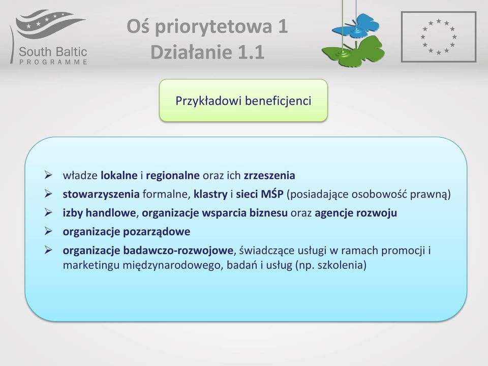 klastry i sieci MŚP (posiadające osobowość prawną) izby handlowe, organizacje wsparcia biznesu oraz