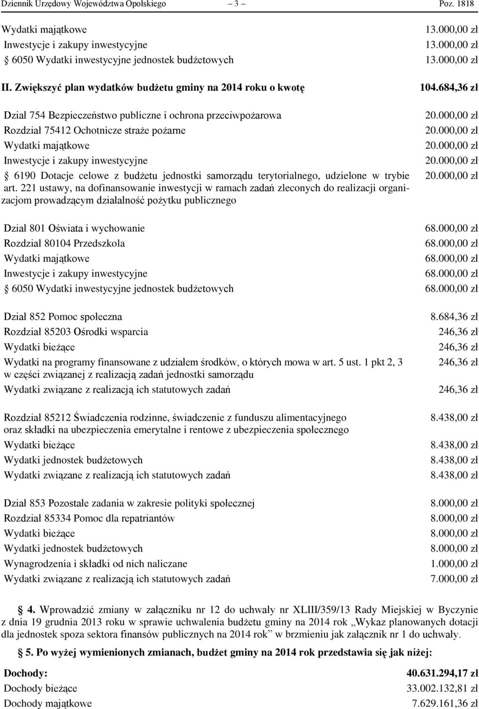 art. 221 ustawy, na dofinansowanie inwestycji w ramach zadań zleconych do realizacji organizacjom prowadzącym działalność pożytku publicznego Rozdział 80104 Przedszkola 6050 Wydatki inwestycyjne